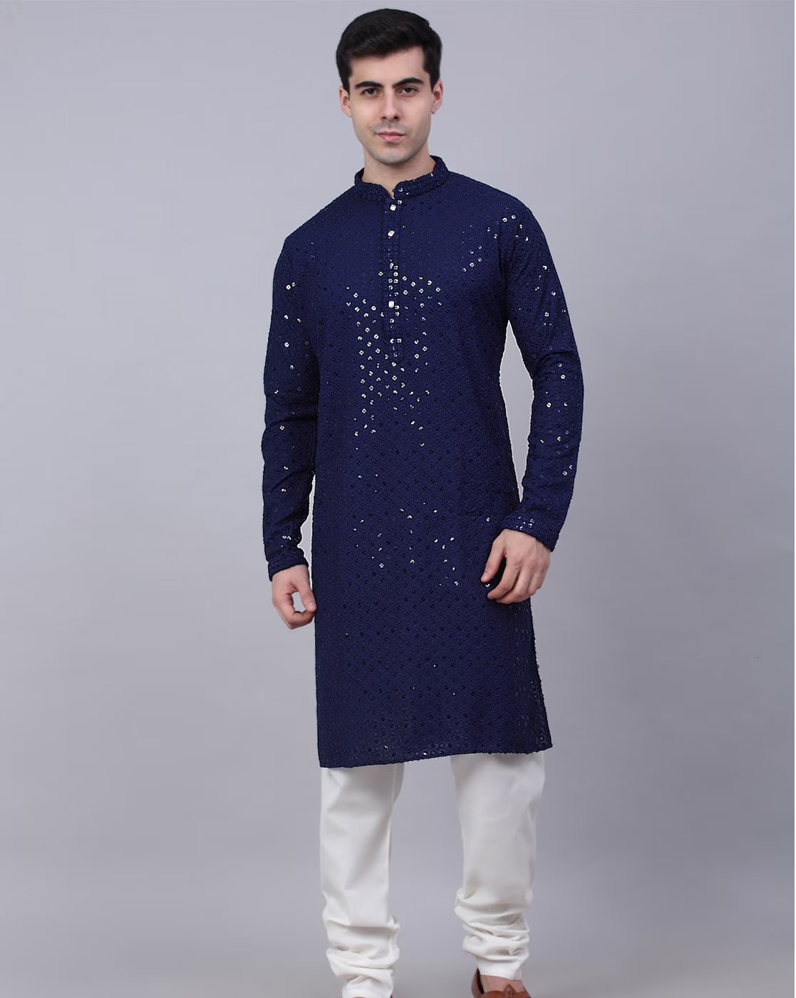 Blue Men's Lakhnavi Kurta With Chikan Sequence Multi Work