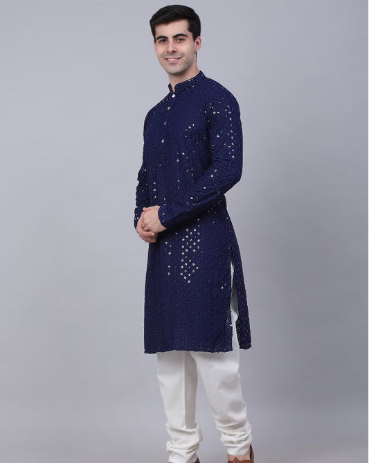 Blue Men's Lakhnavi Kurta With Chikan Sequence Multi Work