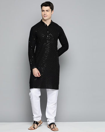 Black Men's Kurta With Mirror Sequence Multi Work 1014