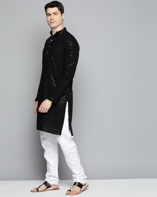 Black Men's Kurta With Mirror Sequence Multi Work 1014