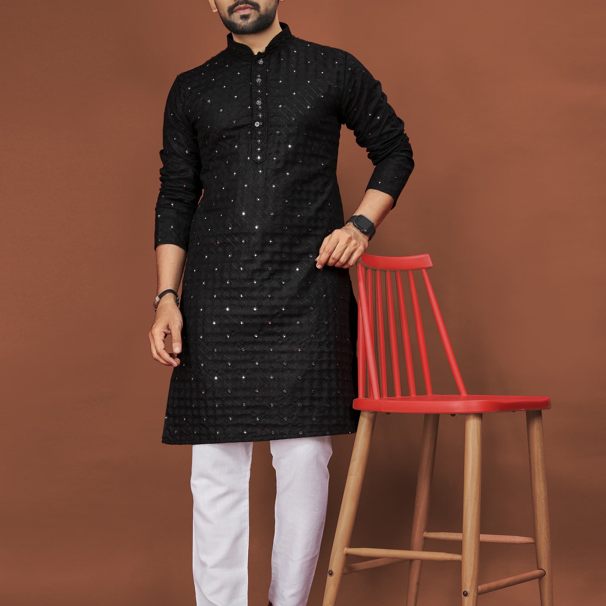 Black Men's Kurta Sequence Chikan Work