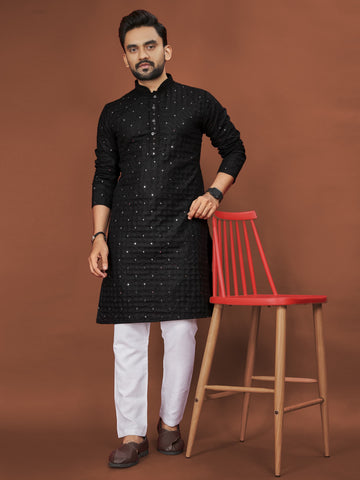 Black Men's Kurta Sequence Chikan Work