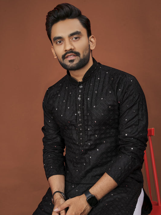 Black Men's Kurta Sequence Chikan Work