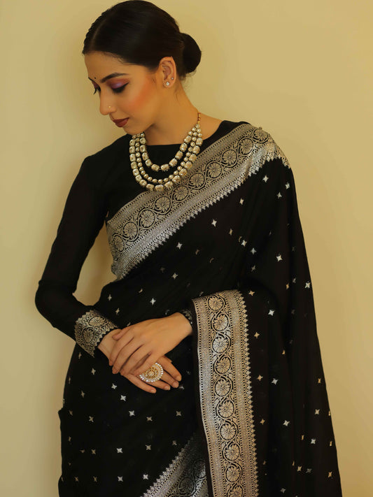 Black Fancy Banarsi Silk Saree With Unstitched Blouse Piece