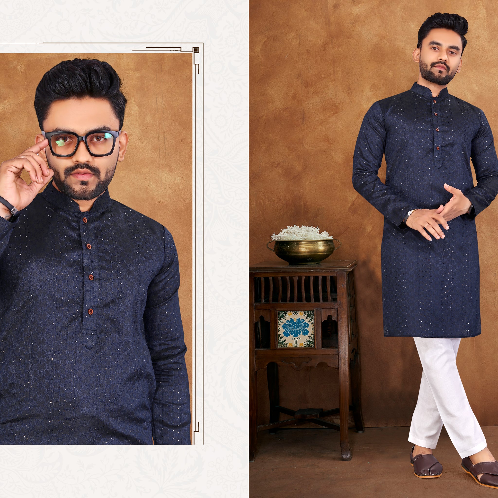 BLUE RAJWADI STYLISH MEN SILK KURTA WITH PAJAMA