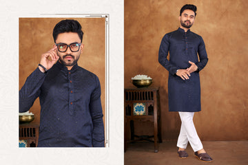 BLUE RAJWADI STYLISH MEN SILK KURTA WITH PAJAMA