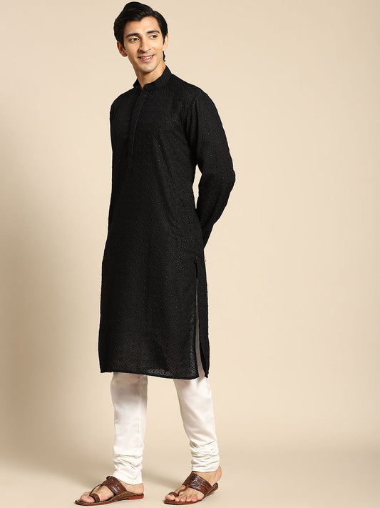 Black Men's Kurta With Mirror Sequence Multi Work