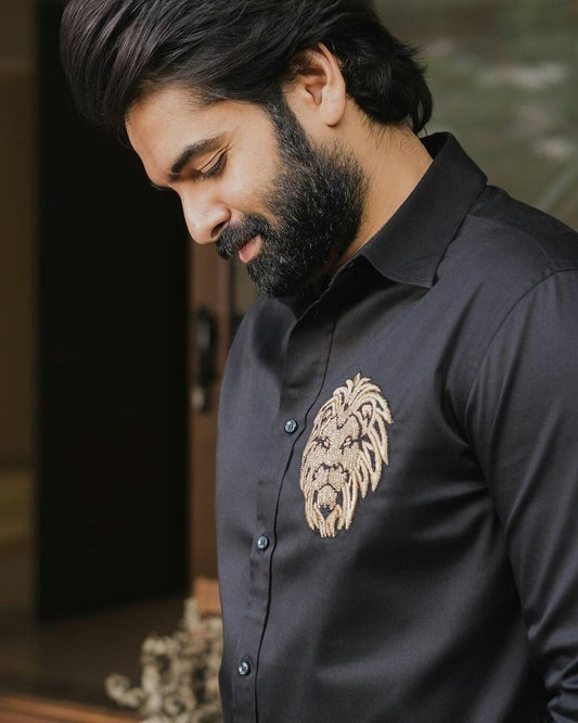 LION EMBROIDERY WORK BLACK PREMIUM COTTON SHIRT