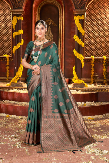 COOL CLOTH Kanjivarm Banrasi Silk Saree With Unstitched Blouse Piece (Green)