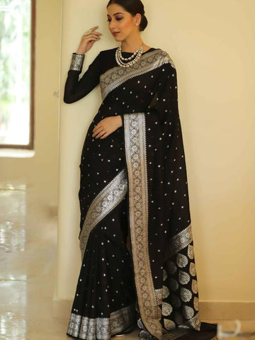 Black Fancy Banarsi Silk Saree With Unstitched Blouse Piece