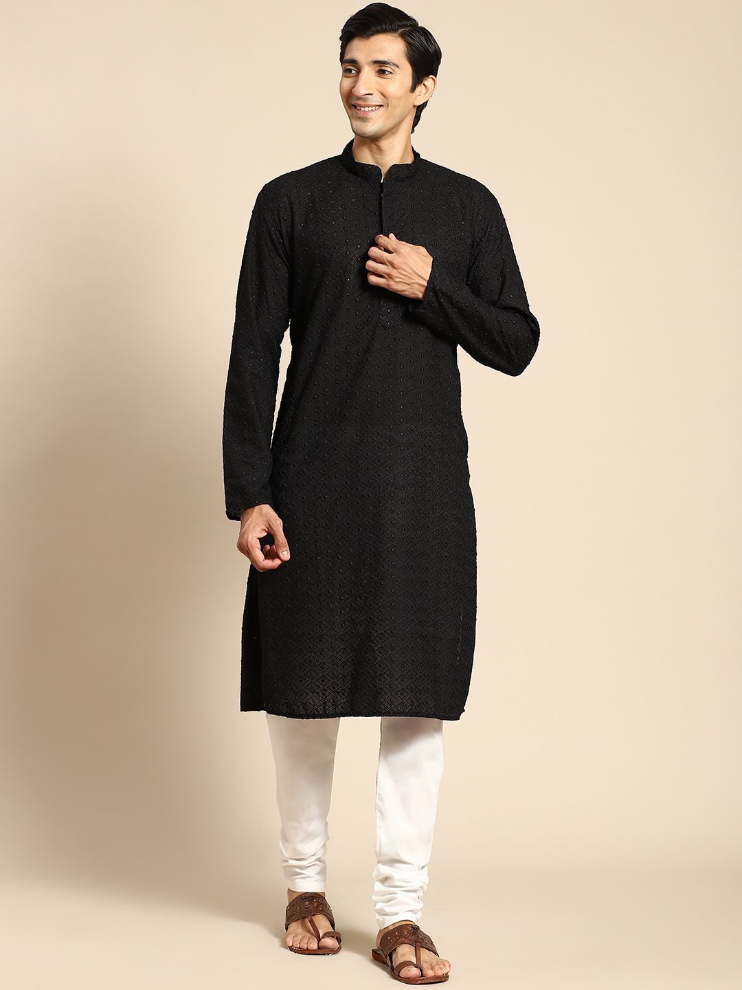 Black Men's Kurta With Mirror Sequence Multi Work