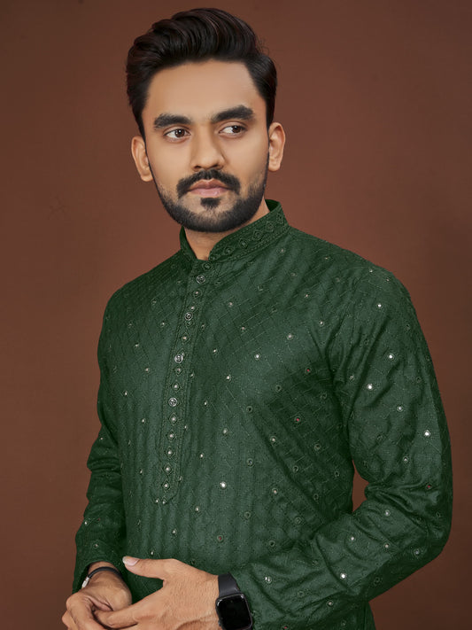 COOL CLOTH Present The Kurta With Mirror Sequence Chikan Work (Green)