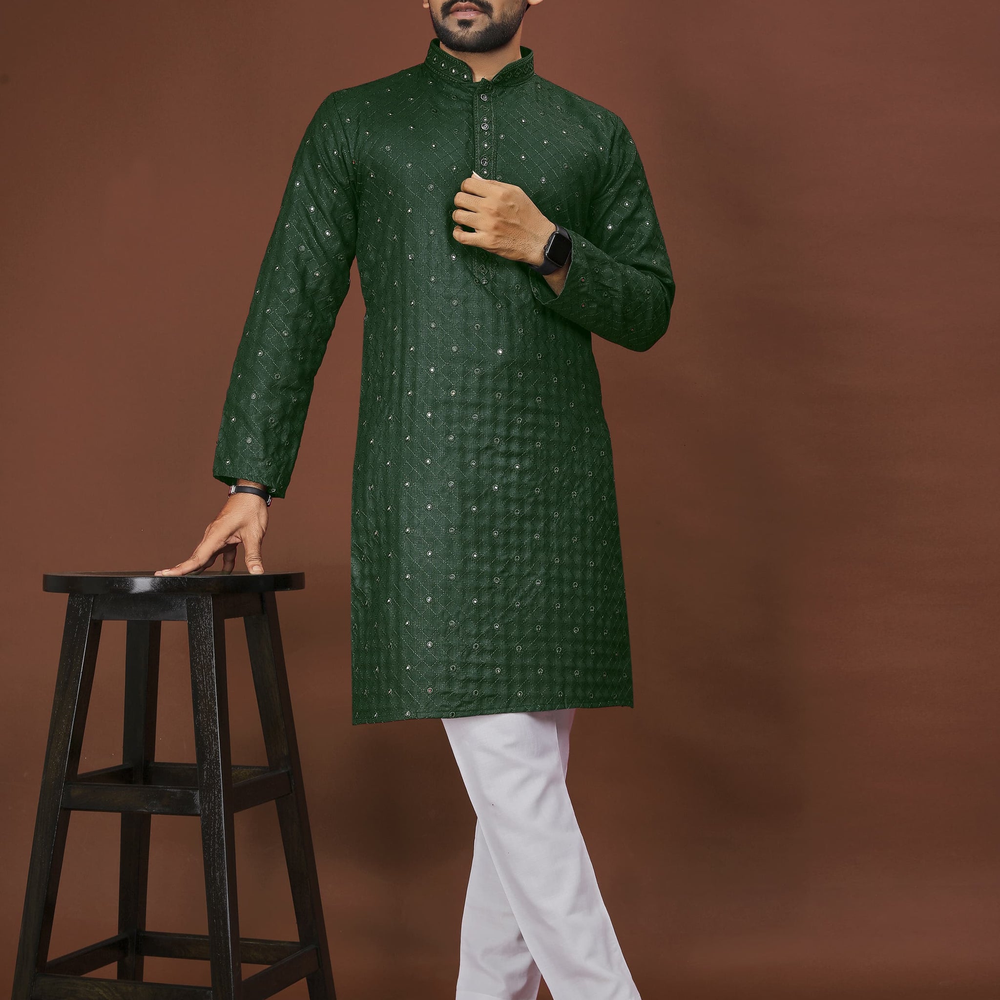 COOL CLOTH Present The Kurta With Mirror Sequence Chikan Work (Green)