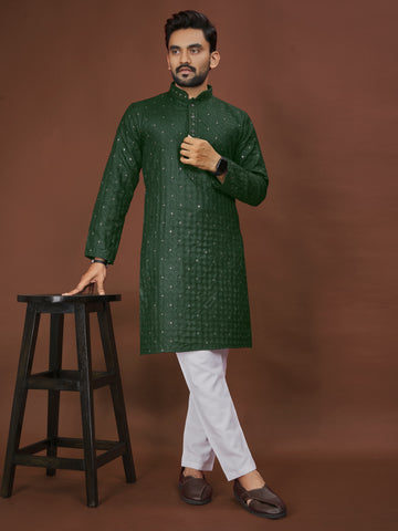 COOL CLOTH Present The Kurta With Mirror Sequence Chikan Work (Green)