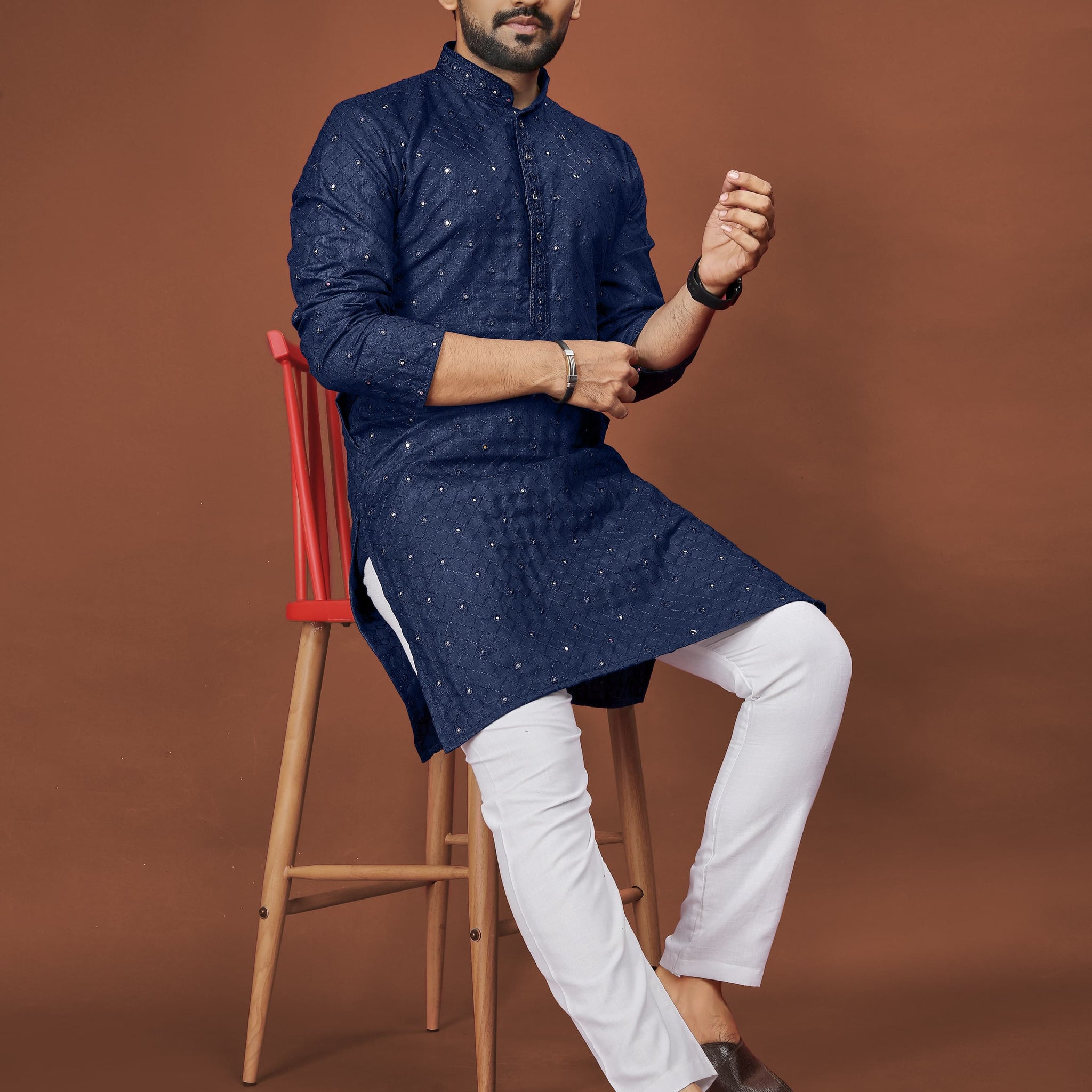 COOL CLOTH Present The Kurta With Mirror Sequence Chikan Work (Blue)