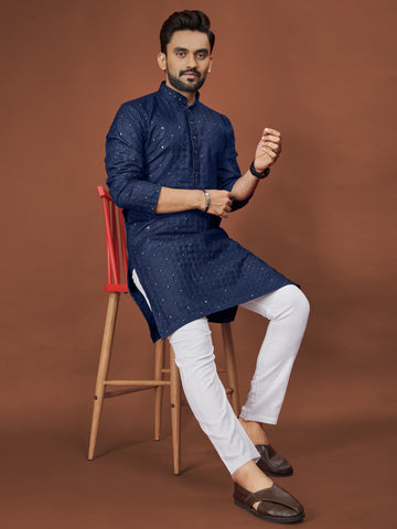 COOL CLOTH Present The Kurta With Mirror Sequence Chikan Work (Blue)