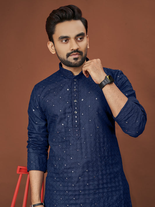 COOL CLOTH Present The Kurta With Mirror Sequence Chikan Work (Blue)