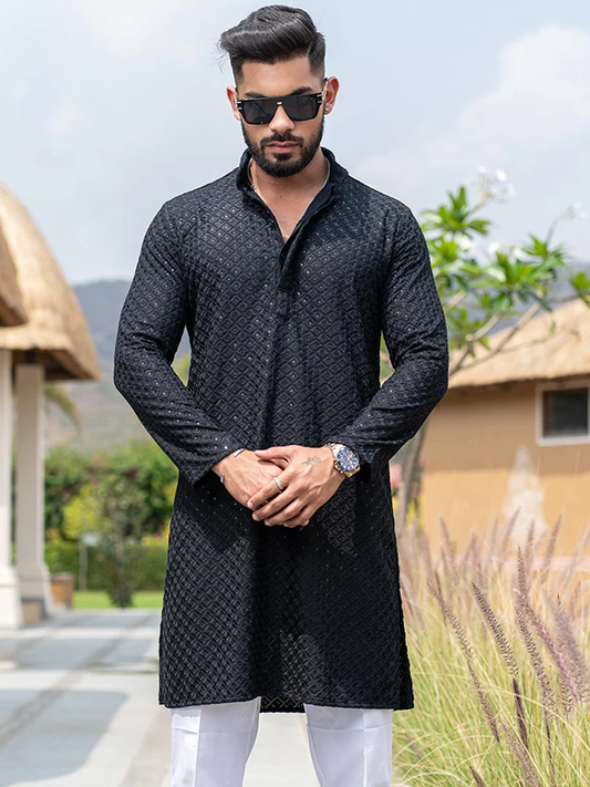 Black Lakhnavi Kurta With Chikan Sequence