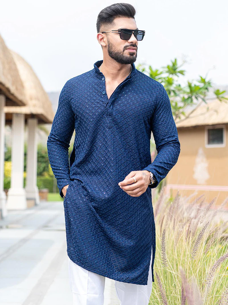 Blue Lakhnavi Kurta With Chikan Sequence