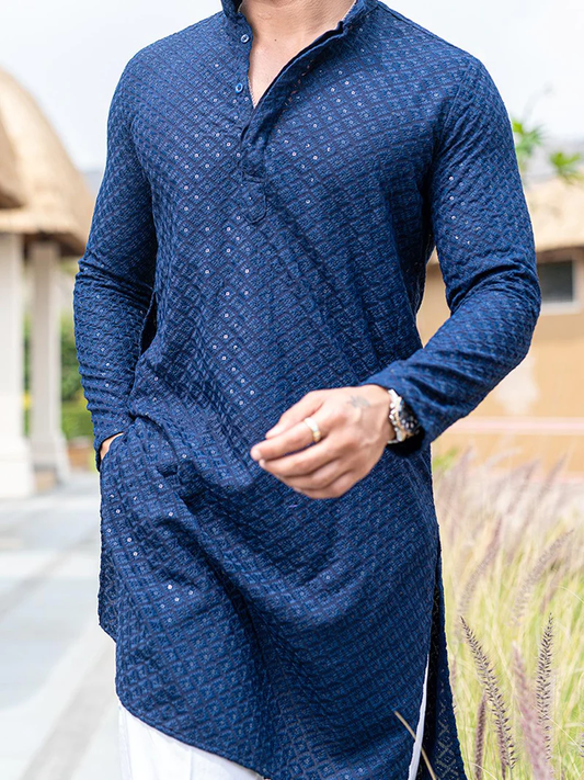 Blue Lakhnavi Kurta With Chikan Sequence