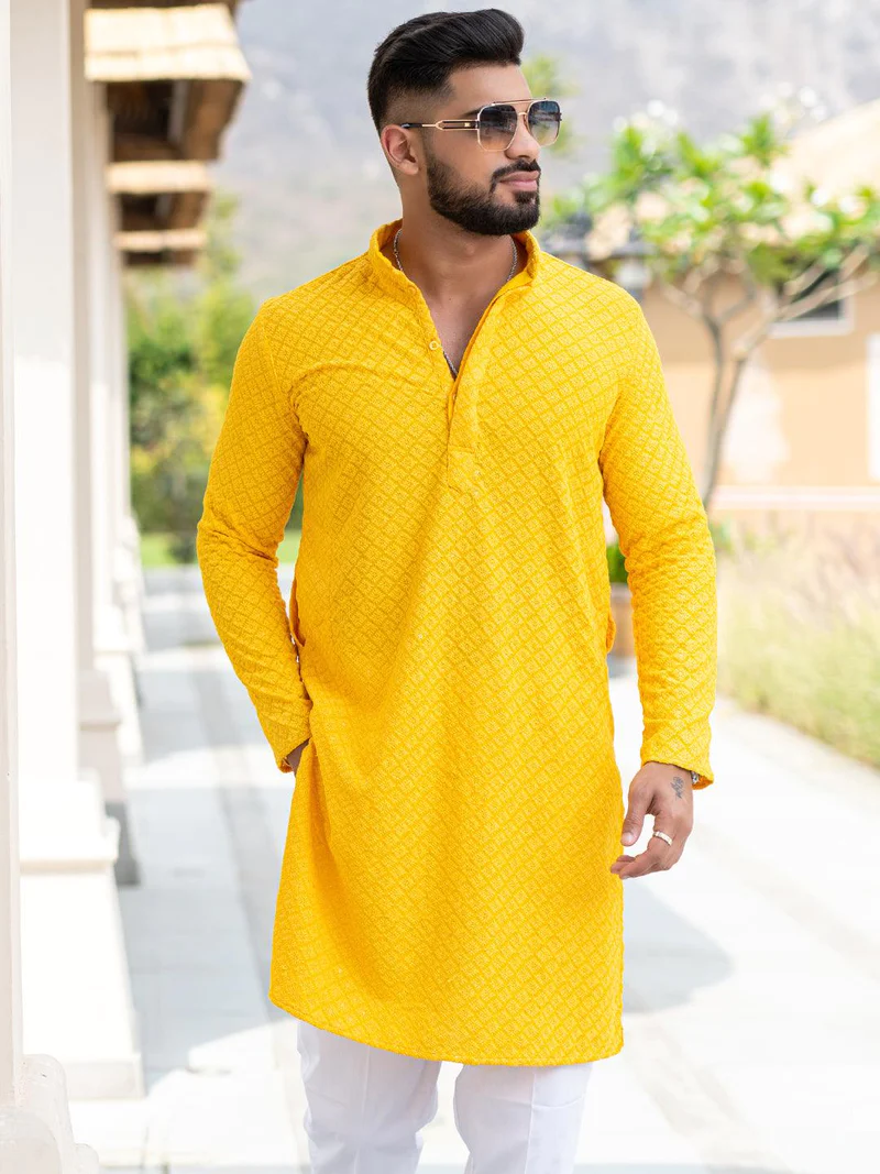 Yellow Lakhnavi Kurta With Mirror Sequence