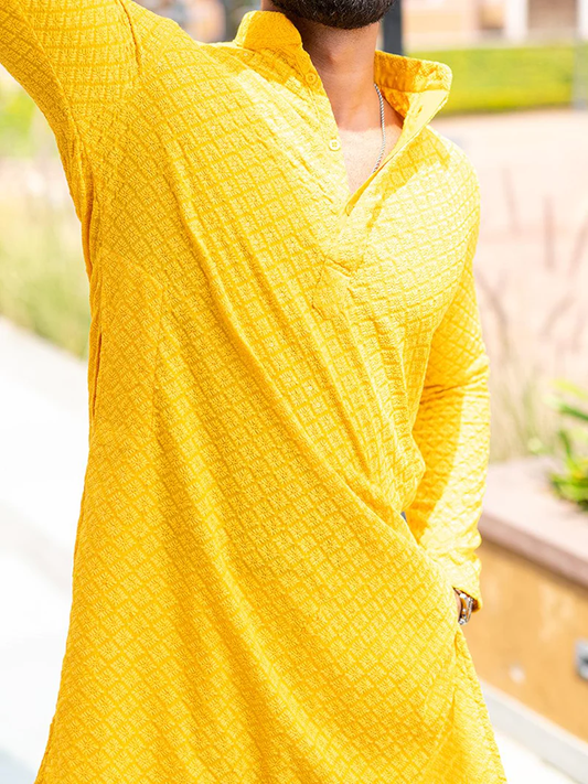 Yellow Lakhnavi Kurta With Mirror Sequence