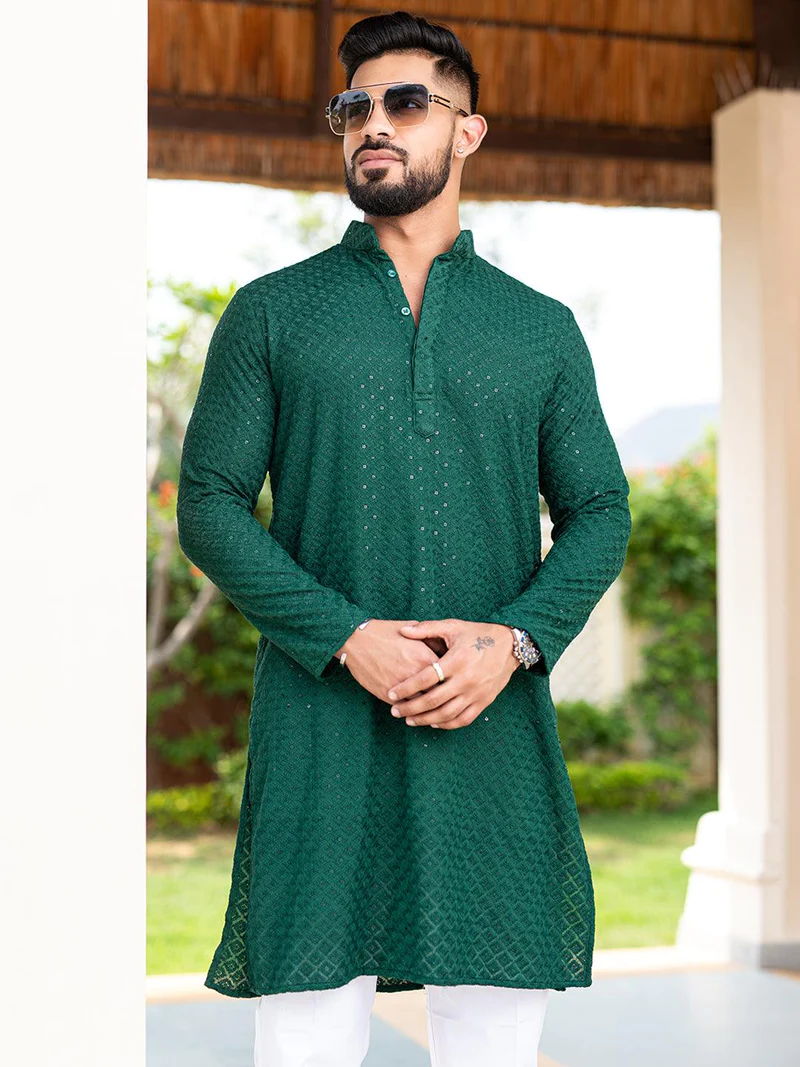 Green Kurta With Mirror Sequence Multi Work