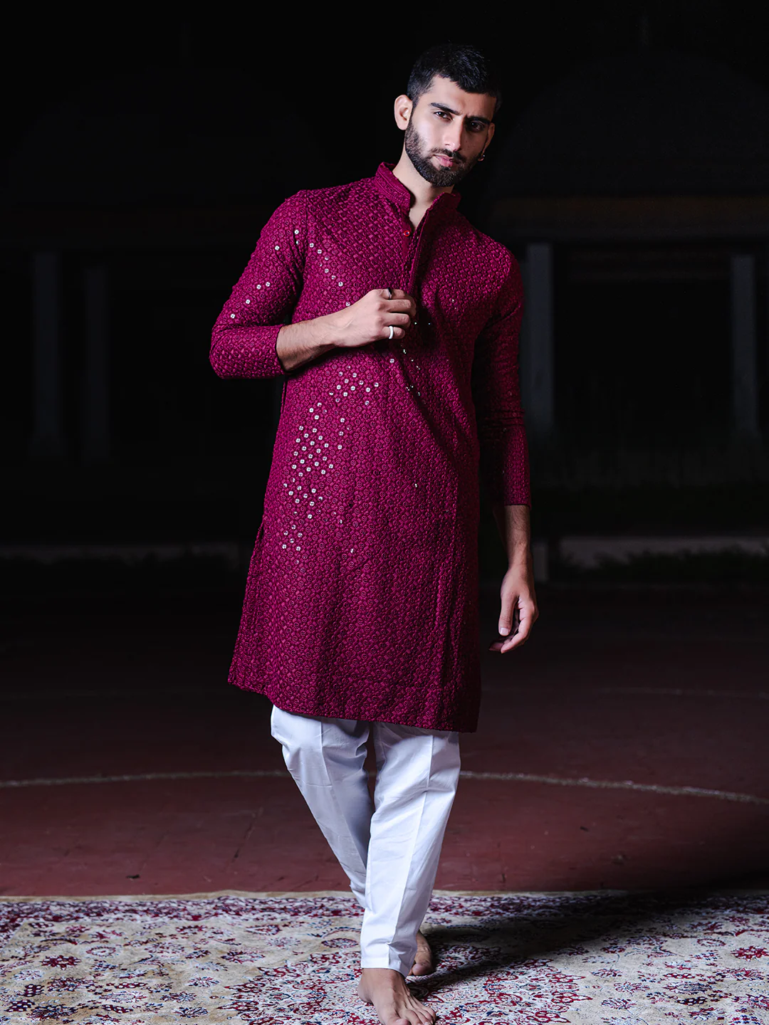 Magenta Men's Kurta With Mirror Sequence Multi Work With Bottom