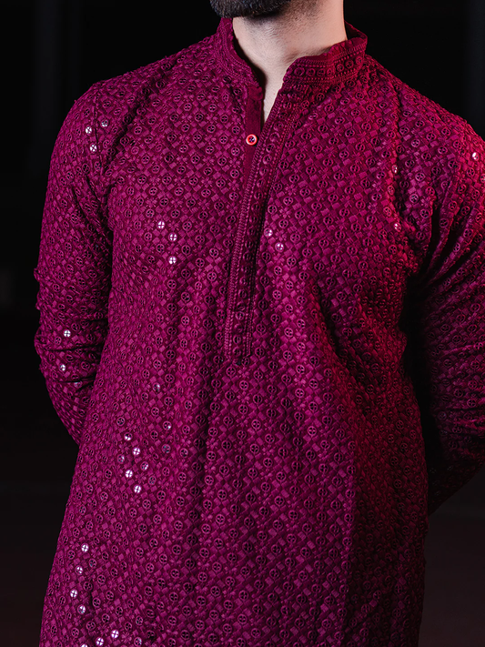 Magenta Men's Kurta With Mirror Sequence Multi Work With Bottom