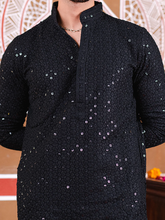 Black Men's Kurta With Mirror Sequence Multi Work