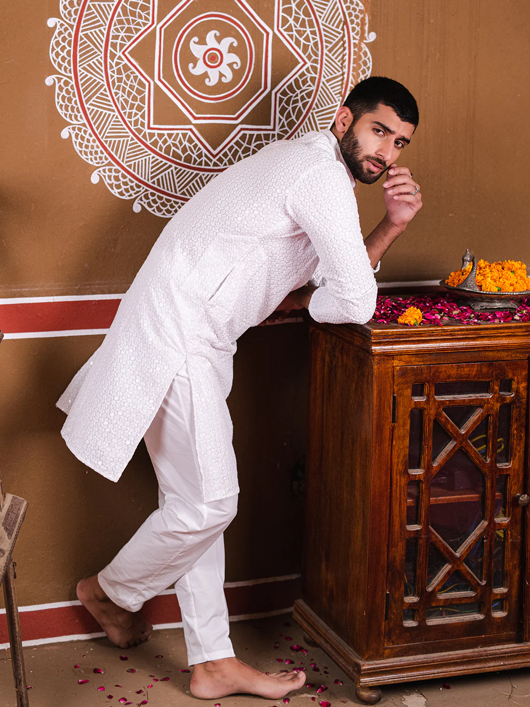 White Men's Lakhnavi Kurta With Chikan Sequence Multi Work 1013