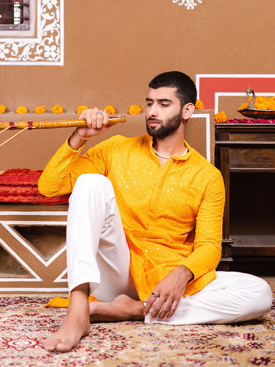 Yellow Men's Kurta With Mirror Sequence Multi Work With Pajama