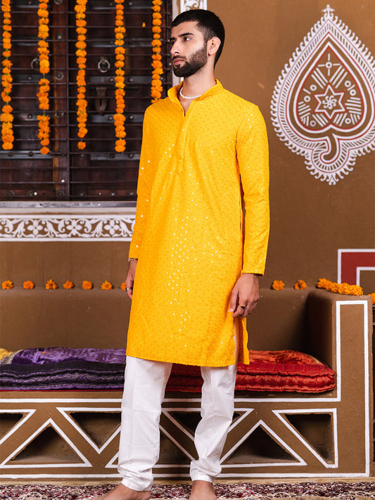 Yellow Men's Kurta With Mirror Sequence Multi Work With Pajama