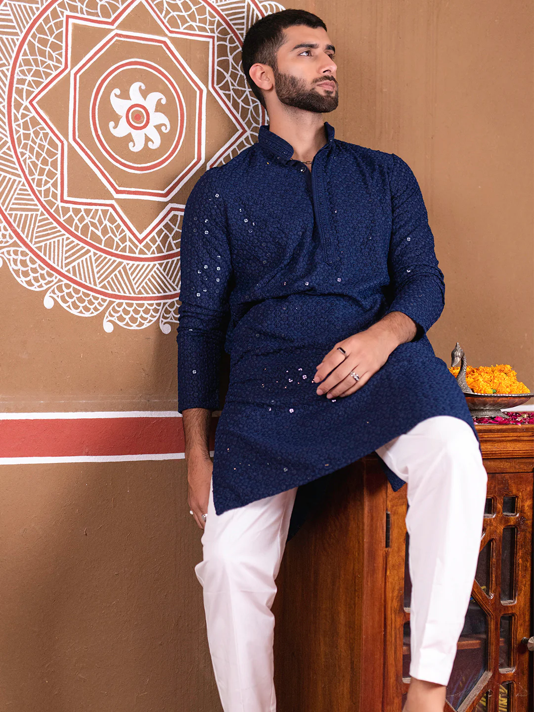 Blue Men's Kurta With Mirror Sequence Multi Work With Bottom