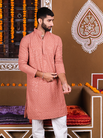 Peach Men's Kurta With Mirror Sequence Multi Work With Bottom