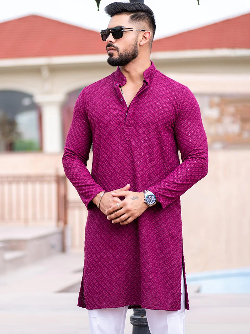 Magenta Lakhnavi Kurta With Chikan Sequence Multi Work