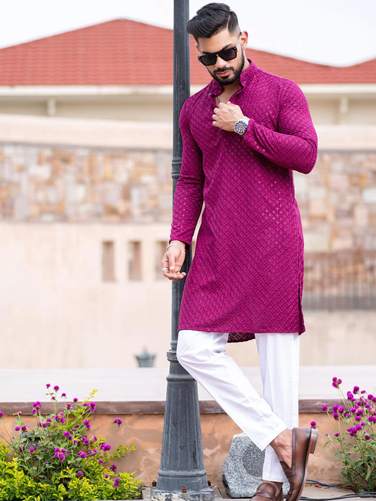 Magenta Lakhnavi Kurta With Chikan Sequence Multi Work