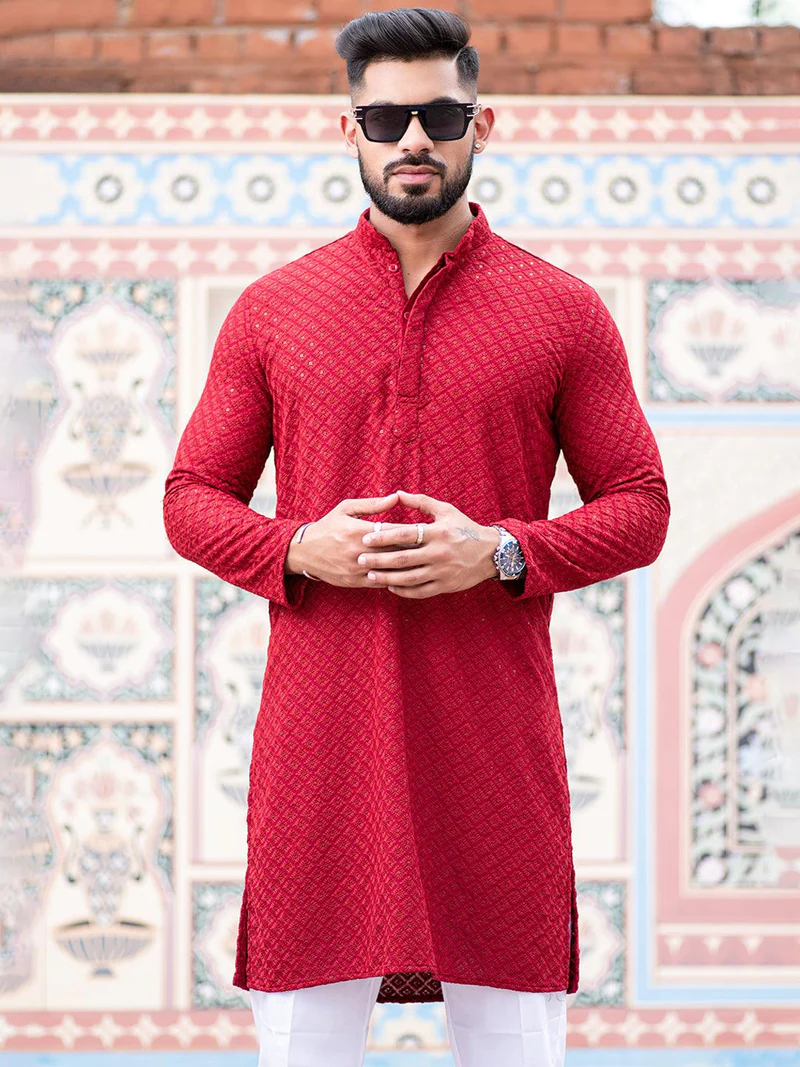 Red Lakhnavi Kurta With Chikan Sequence Multi Work