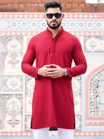 Red Lakhnavi Kurta With Chikan Sequence Multi Work