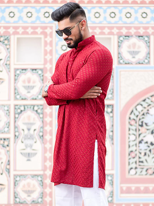 Red Lakhnavi Kurta With Chikan Sequence Multi Work