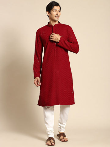 COOL CLOTH Present The Kurta With Mirror Sequence Chikan Work Kurta (Maroon)