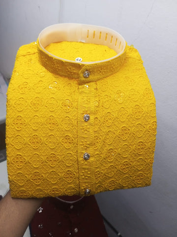 Yellow Men's Kurta Lucknowi Chikankari Work Kurta  (Yellow)