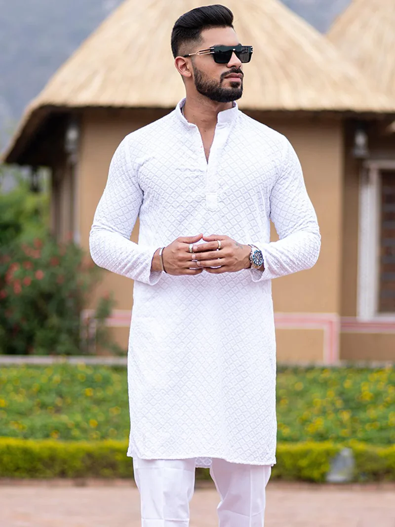 White Kurta With Mirror Sequence Multi Work