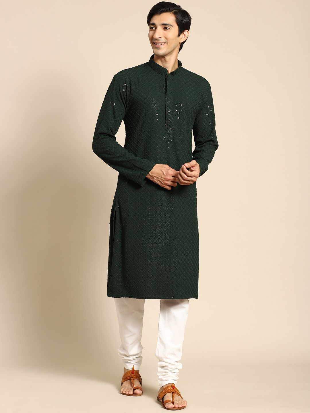 Green Men's Kurta With Mirror Sequence Multi Work