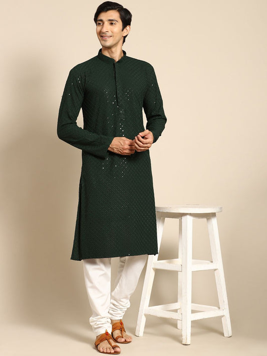 Green Men's Kurta With Mirror Sequence Multi Work