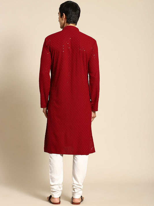 COOL CLOTH Present The Kurta With Mirror Sequence Chikan Work Kurta (Maroon)