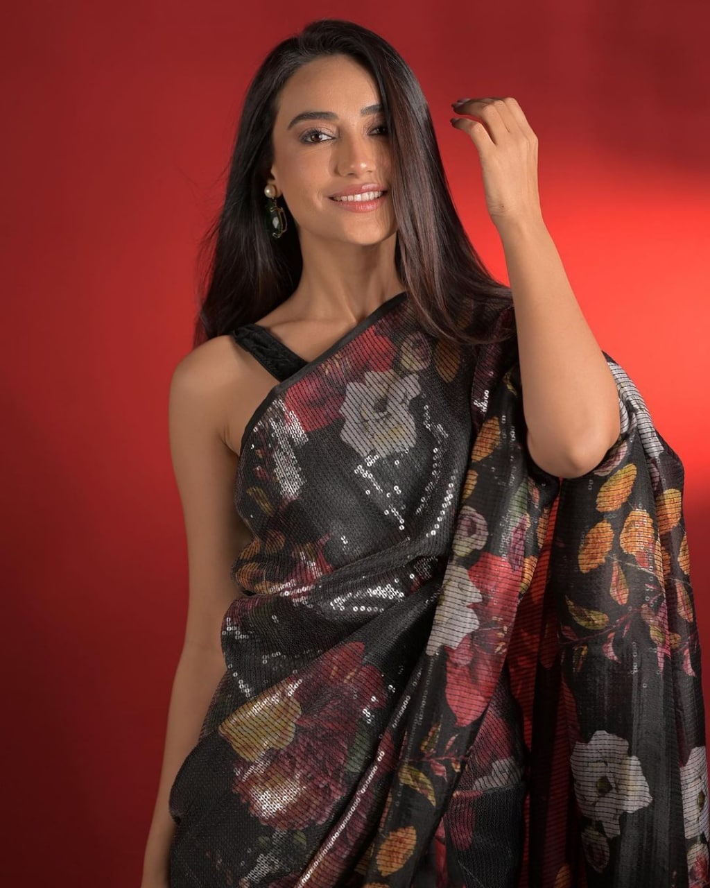 Black Flower Color Print with Sequence Work Sarees (Black)