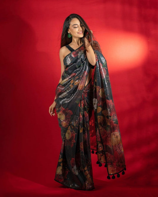 Black Flower Color Print with Sequence Work Sarees (Black)