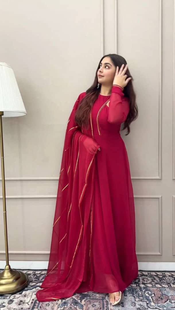 Cool Cloth Presents Red Trending Designer Fancy Neck Gown With Hook Salwar Suit and Dupatta