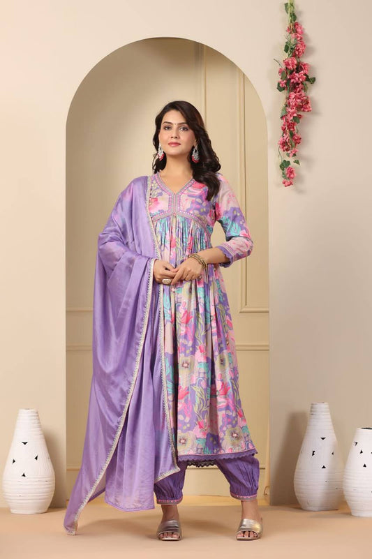 Cool Cloth Presents  Muslin Anarkali Kurti Long Gown Afghani Pant With Dupatta Set